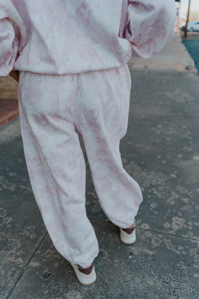 Pale Pink Leaf Printed Fleece Sweatpants