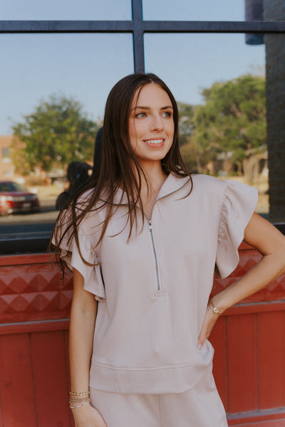 Taupe Ruffle Sleeve Scuba Top WL25-10103