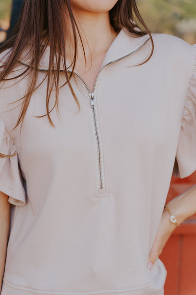 Taupe Ruffle Sleeve Scuba Top WL25-10103