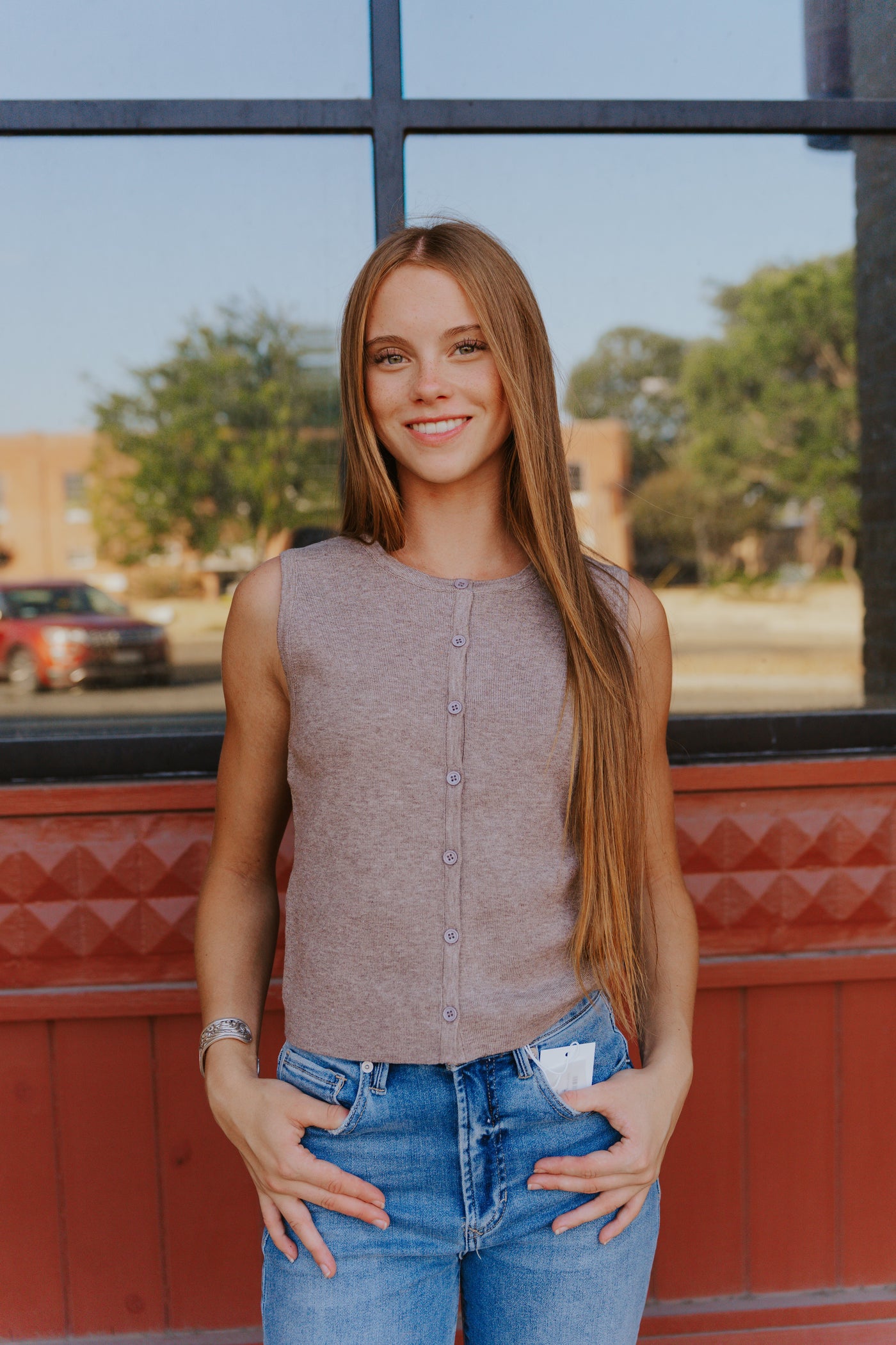 Brown Button Down Sleeveless Sweater SWT3018