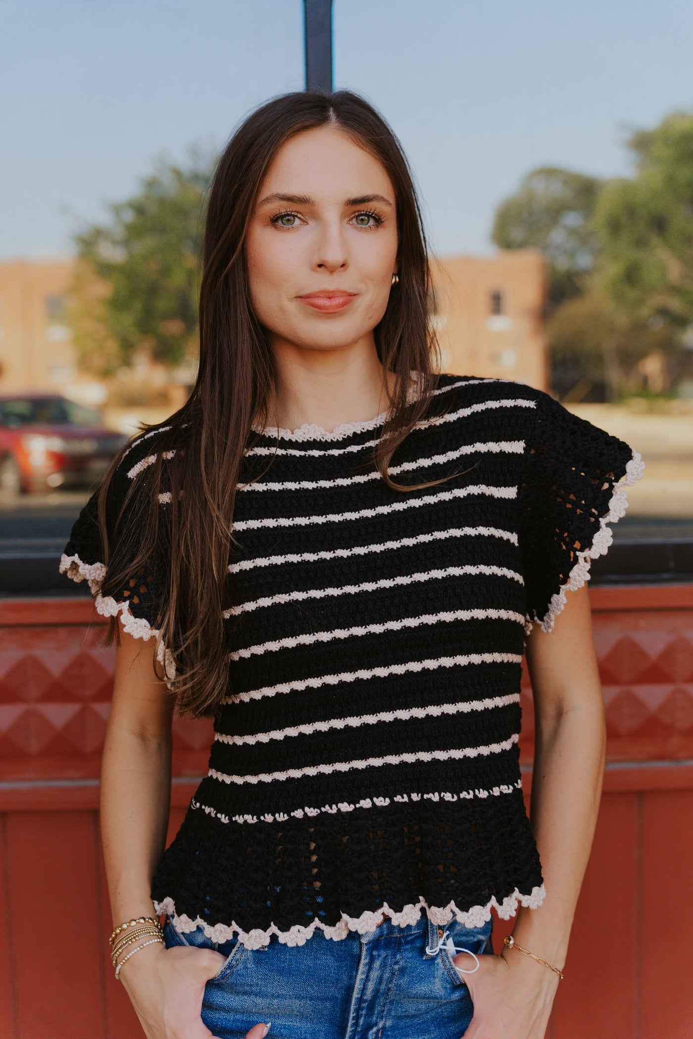 Short Sleeve Ruffle Sweater - Black/Natural
