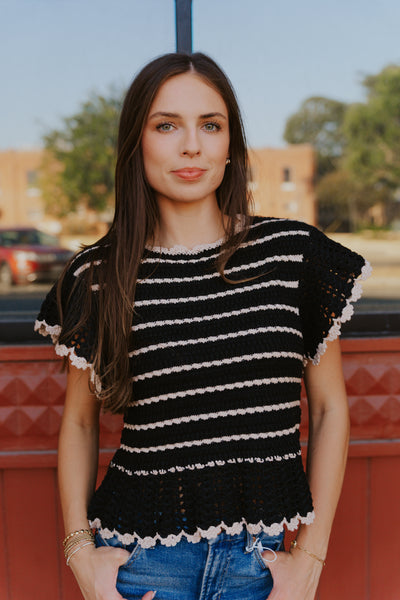 Short Sleeve Ruffle Sweater - Black/Natural