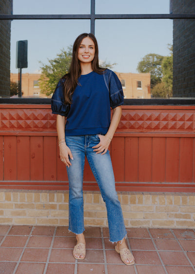 Navy Crewneck Lantern Short Sleeve Top T27517