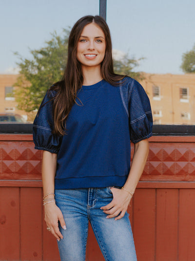Navy Crewneck Lantern Short Sleeve Top T27517