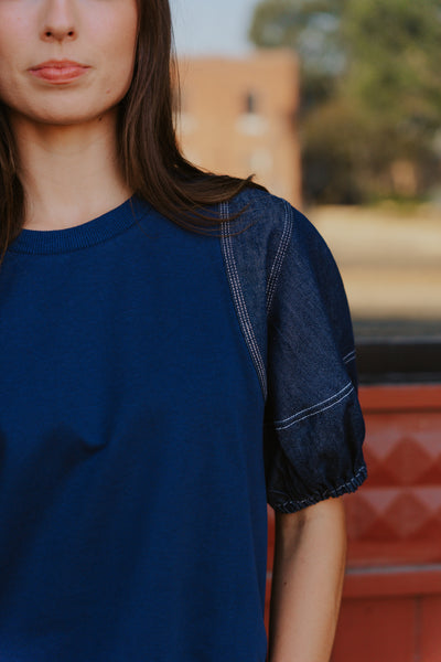 Navy Crewneck Lantern Short Sleeve Top T27517