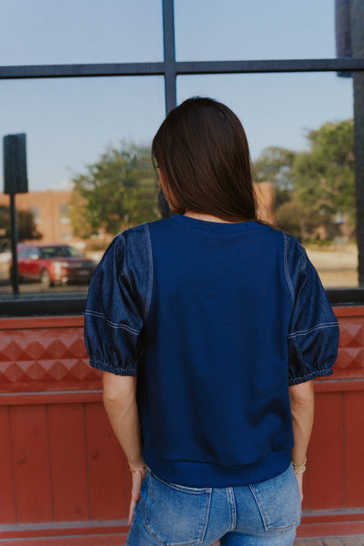 Navy Crewneck Lantern Short Sleeve Top T27517