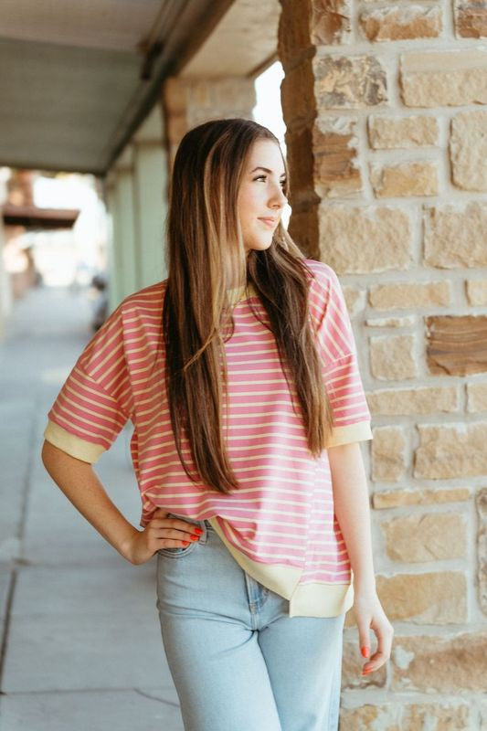 Pink/Lemon Striped Knit Top WL25-10171