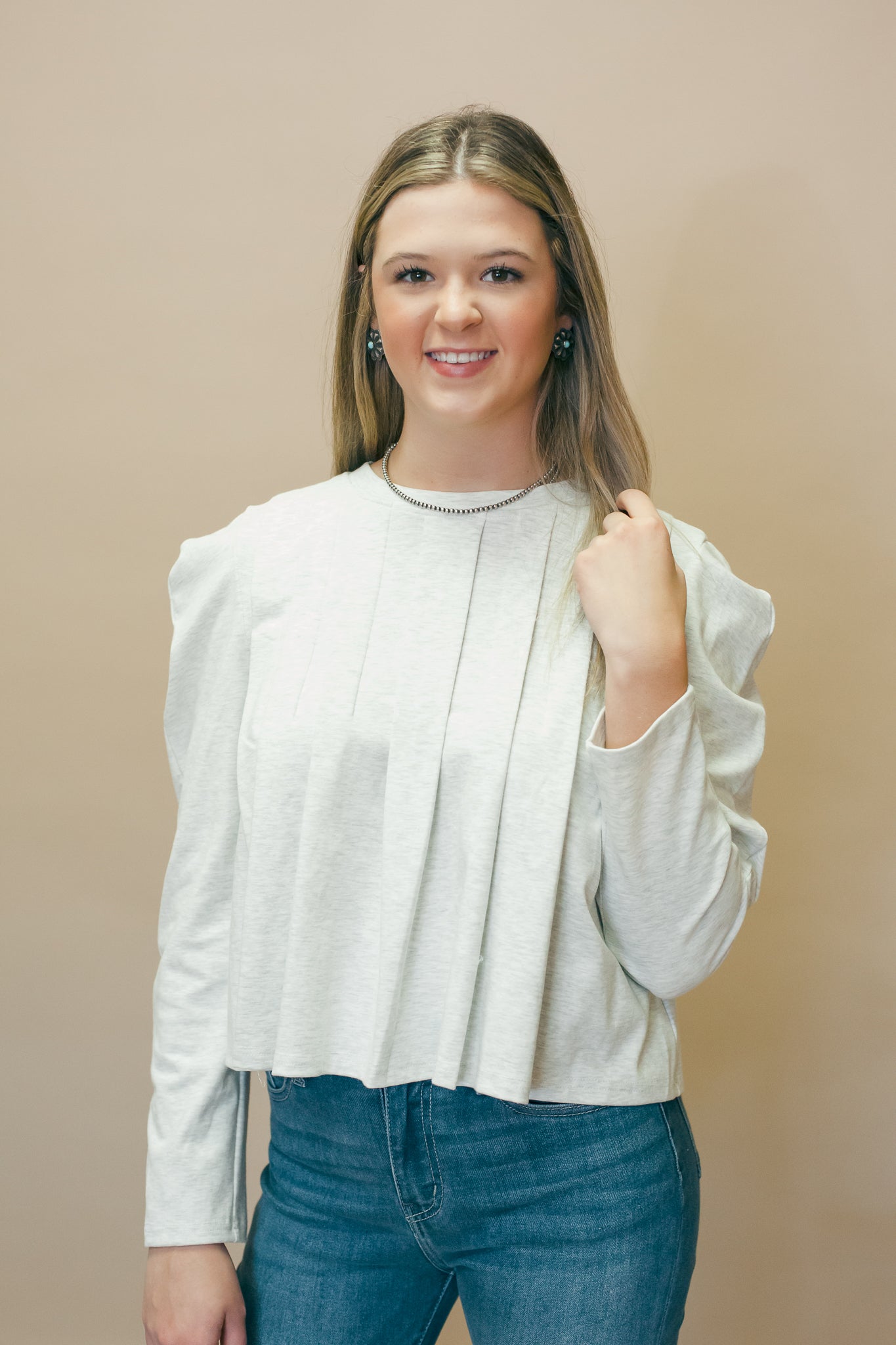 Heather Grey Pleated Long Sleeve Knit Top
