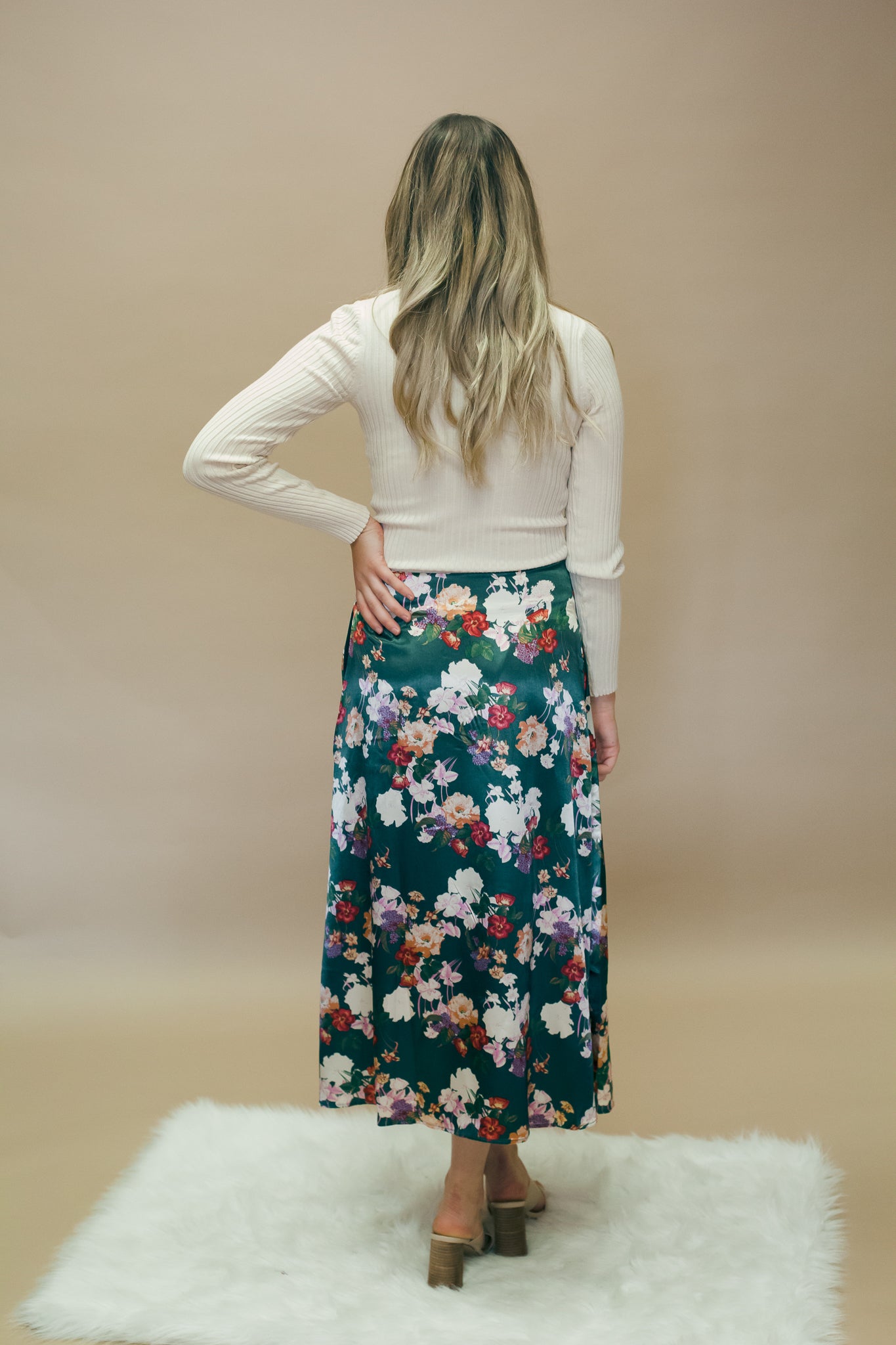 Teal Floral Satin Midi Skirt