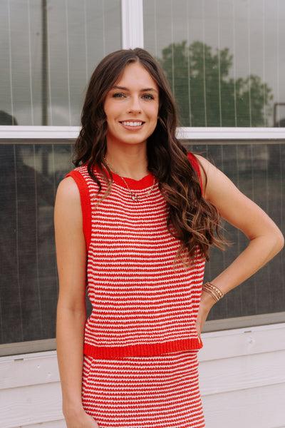 Red/White Striped Sleeveless Top and Maxi Skirt Set IST5872