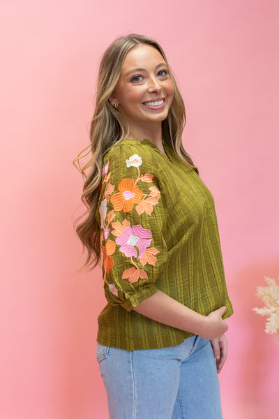 Green Floral Embroidered Puff Sleeve Top