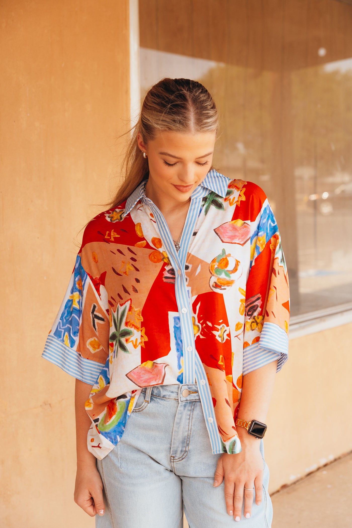 Colorful Printed Blouse with Blue/White Stripe Detail T25434