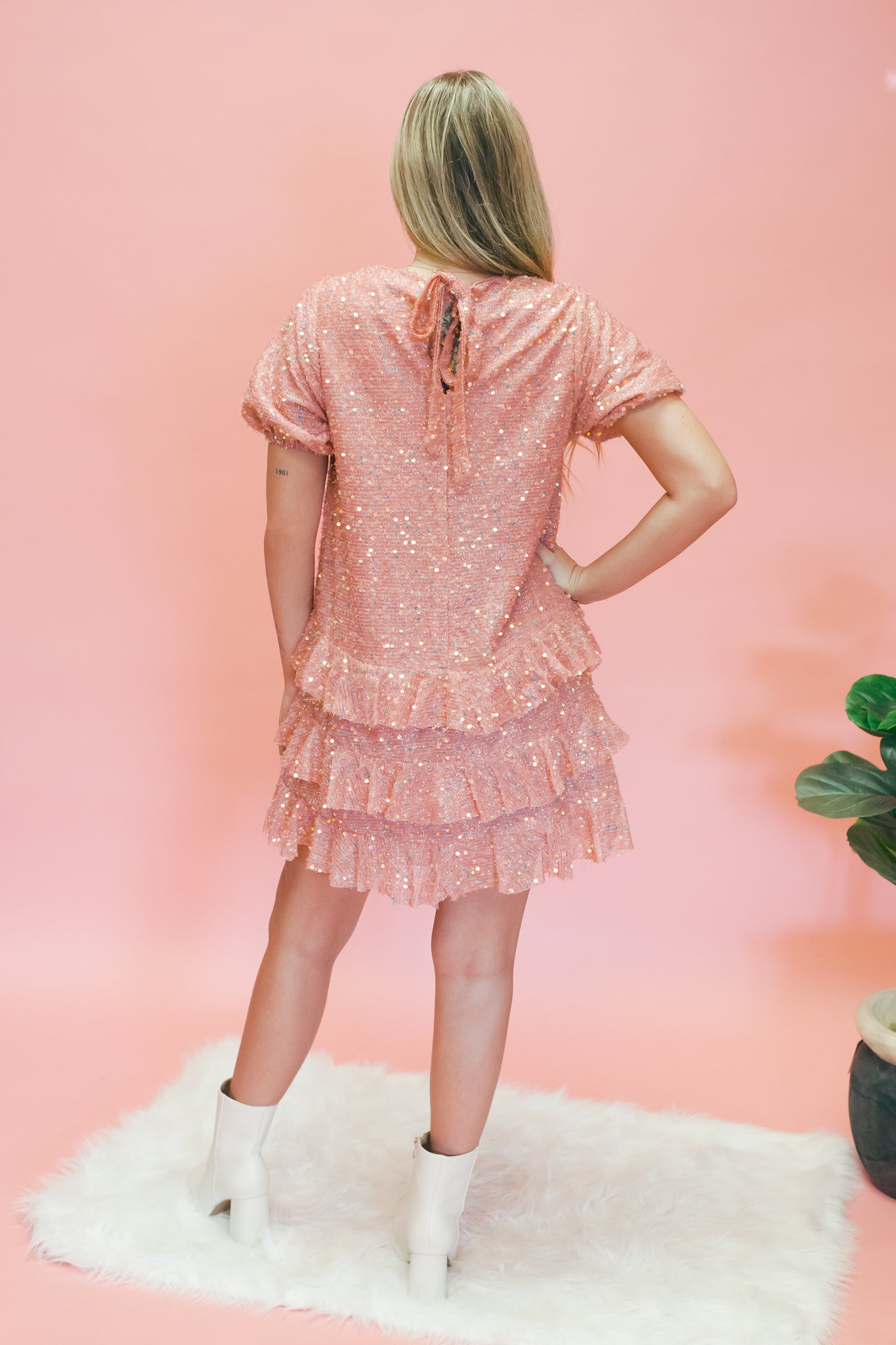 Pink Sequin Tiered Mini Dress