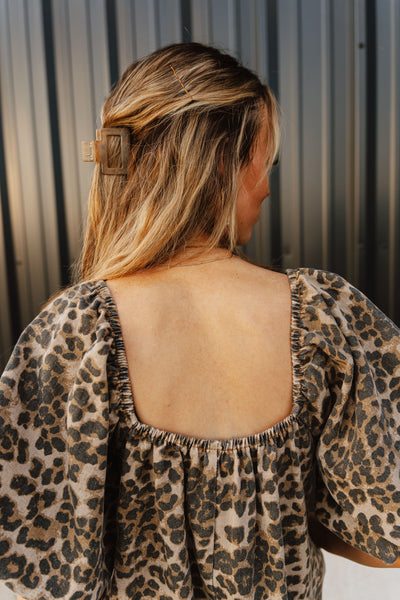 Leopard Denim Puff Sleeve Babydoll Romper IR2196-D