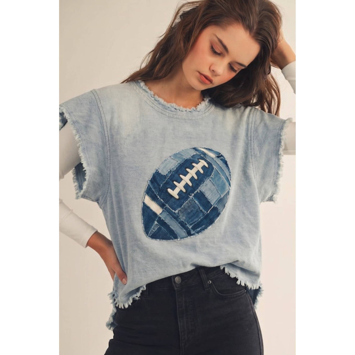 Game Day Retro Denim Football Patch Top T11337LL