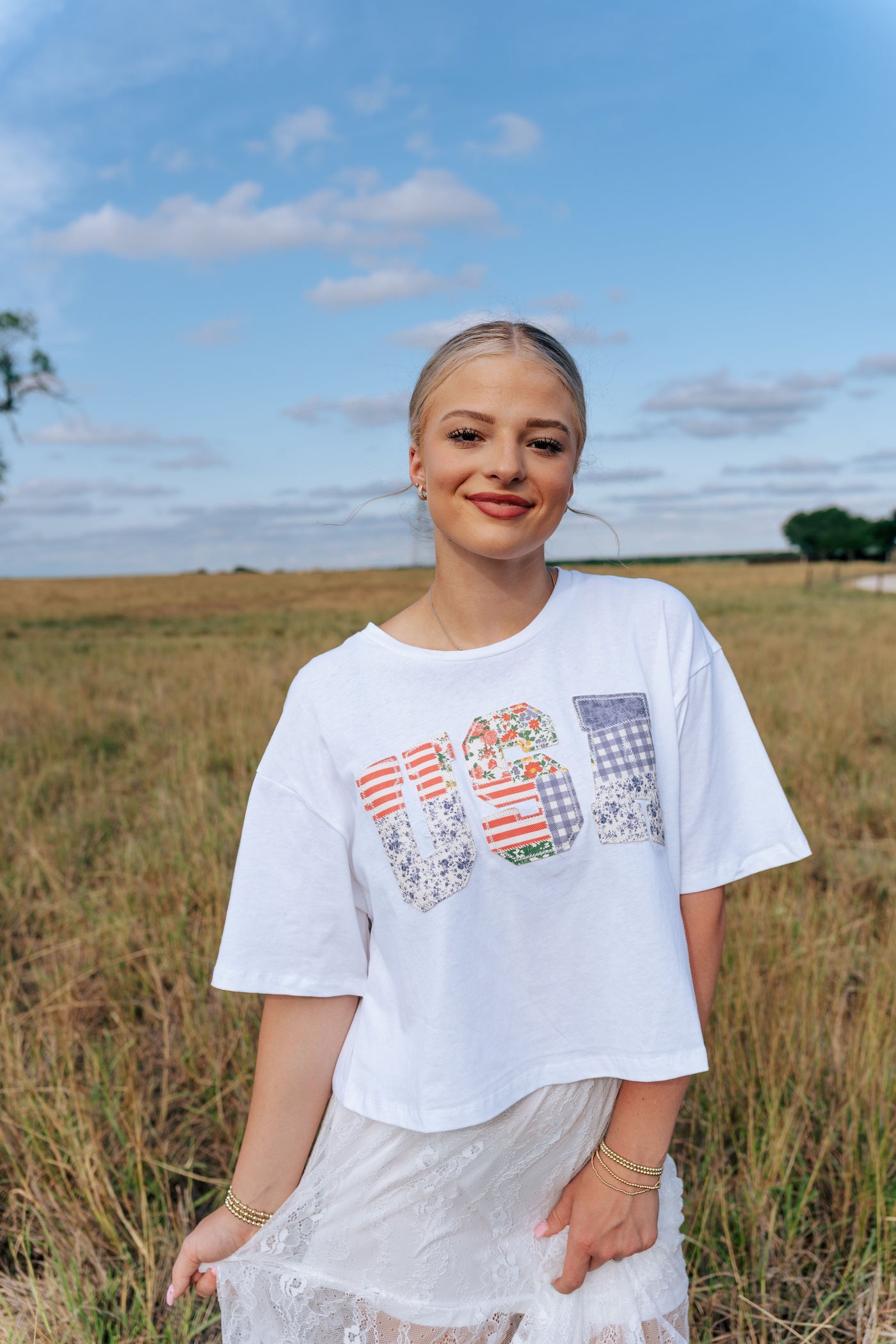 USA Patchwork Detail Short Sleeve Crop Top IKT39738-03