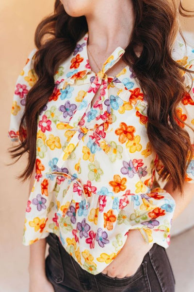Multi Floral Short Bubble Sleeve Top T25777