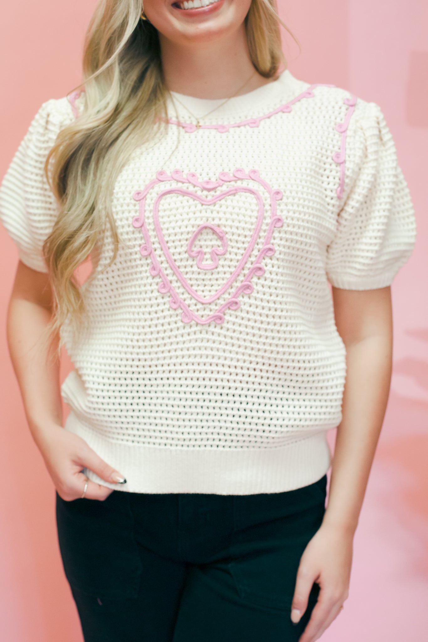 Cream Heart Embroidered SS Sweater