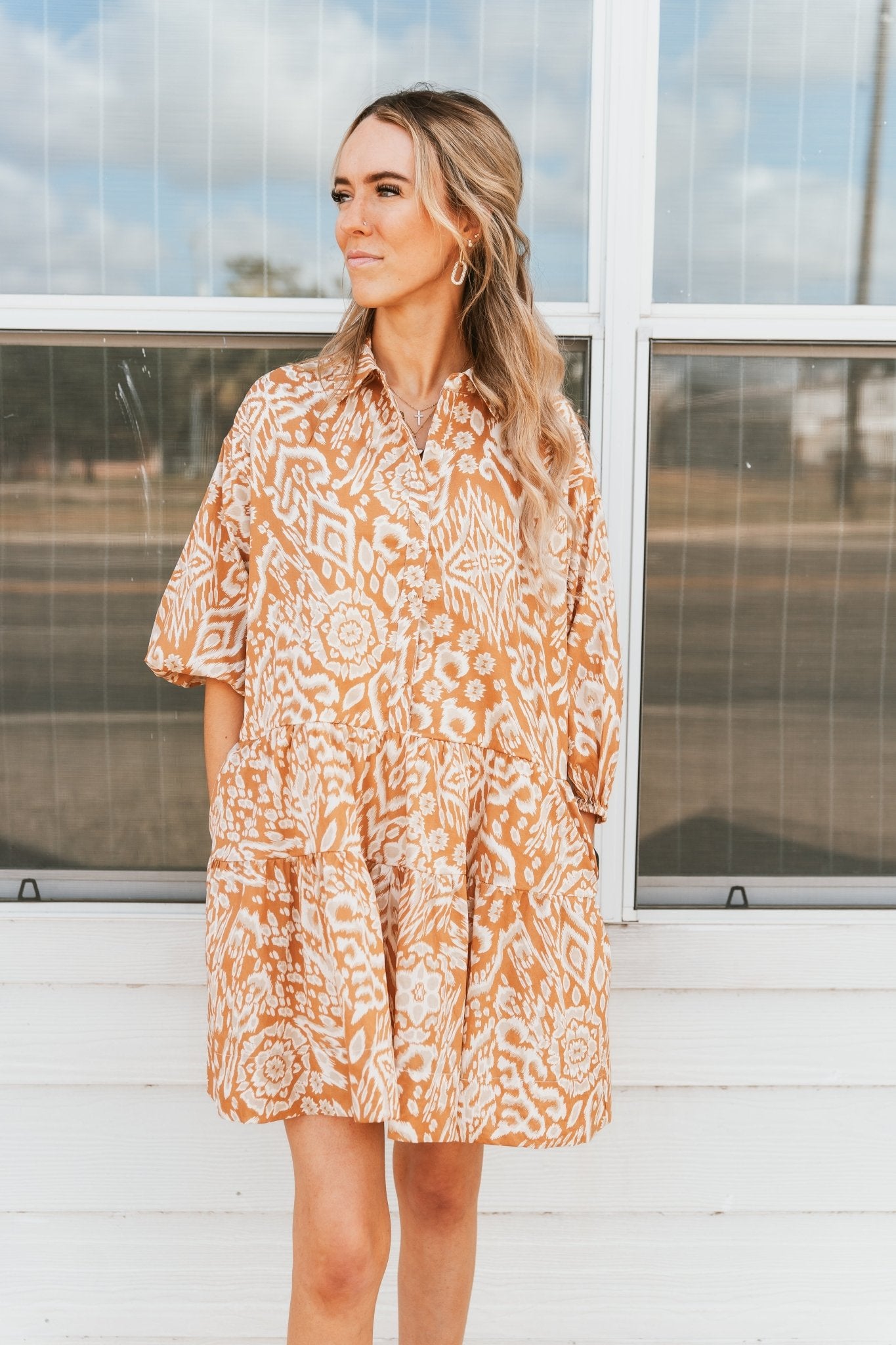 3/4 Sleeve Collared Dress - Camel Acorn Print - Southern Soule Designs