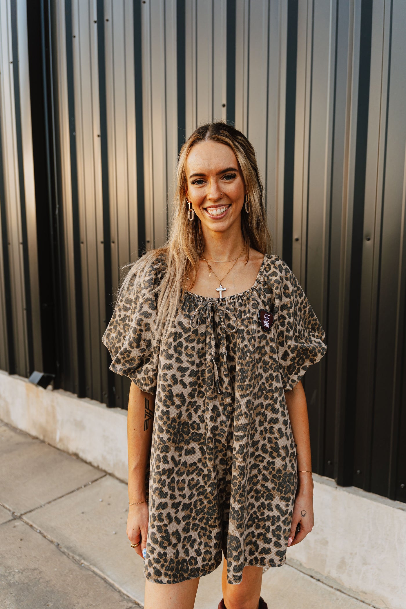 Leopard Denim Puff Sleeve Babydoll Romper IR2196-D