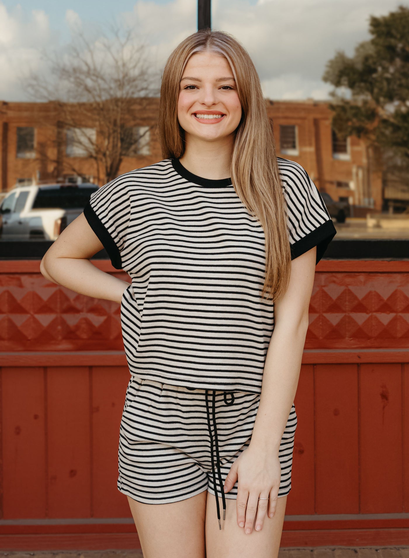 Black Striped Short Sleeve Top TK11500
