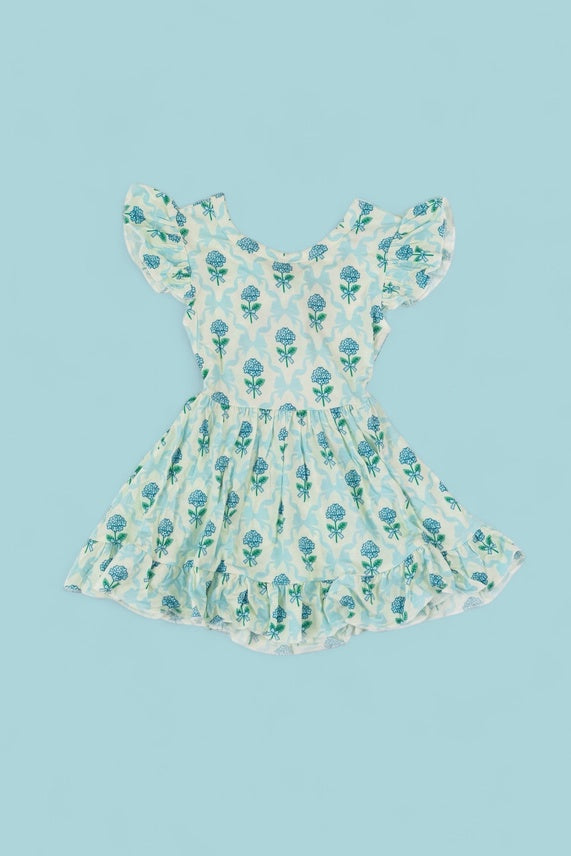 Girls Blue Ribbon Blooms Dream Tie Back Ruffle Dress