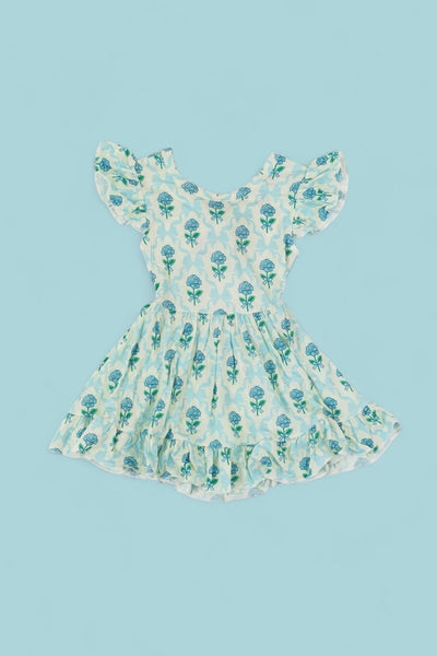 Girls Blue Ribbon Blooms Dream Tie Back Ruffle Dress
