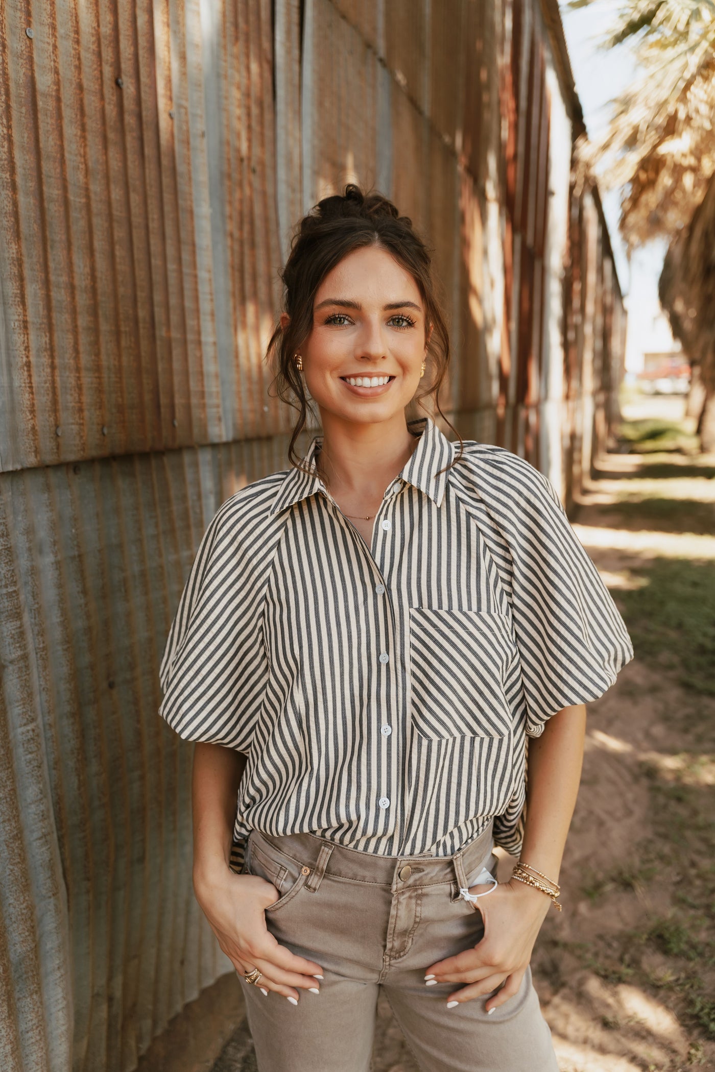Black Striped Bubble Sleeve Button Down Top MTP3329