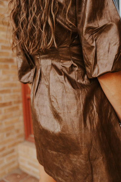 Dark Brown Button Down Faux Leather Mini Dress LD2108