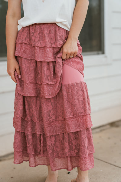Dusty Rose Lace Tiered Maxi Skirt LSK0253-DRS