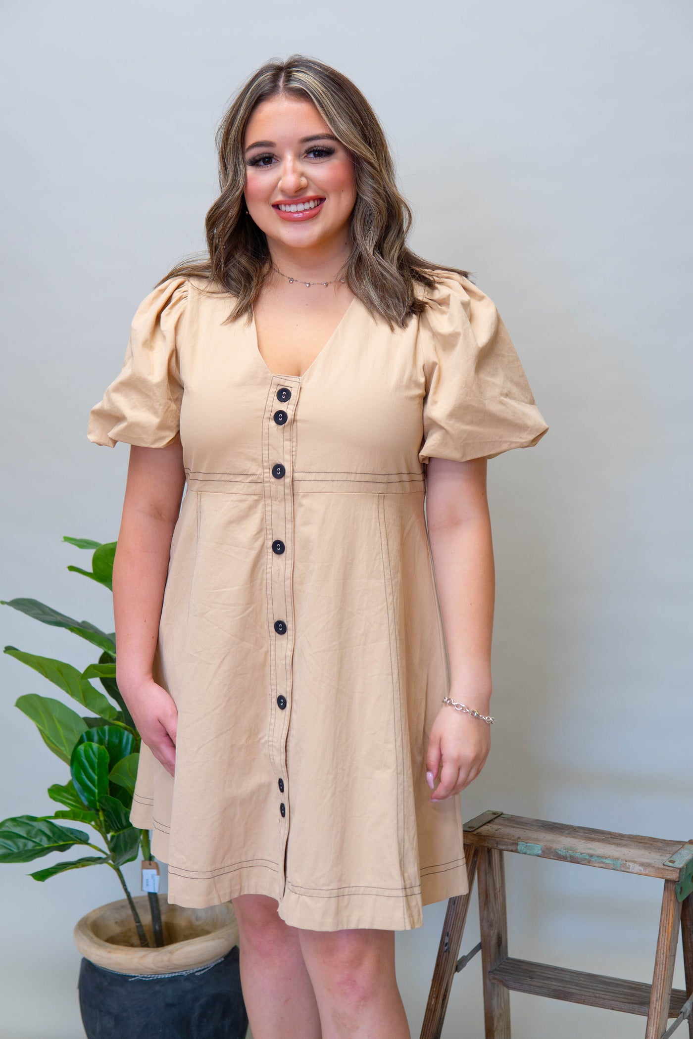 Khaki Button Down Stitch Dress CD04815