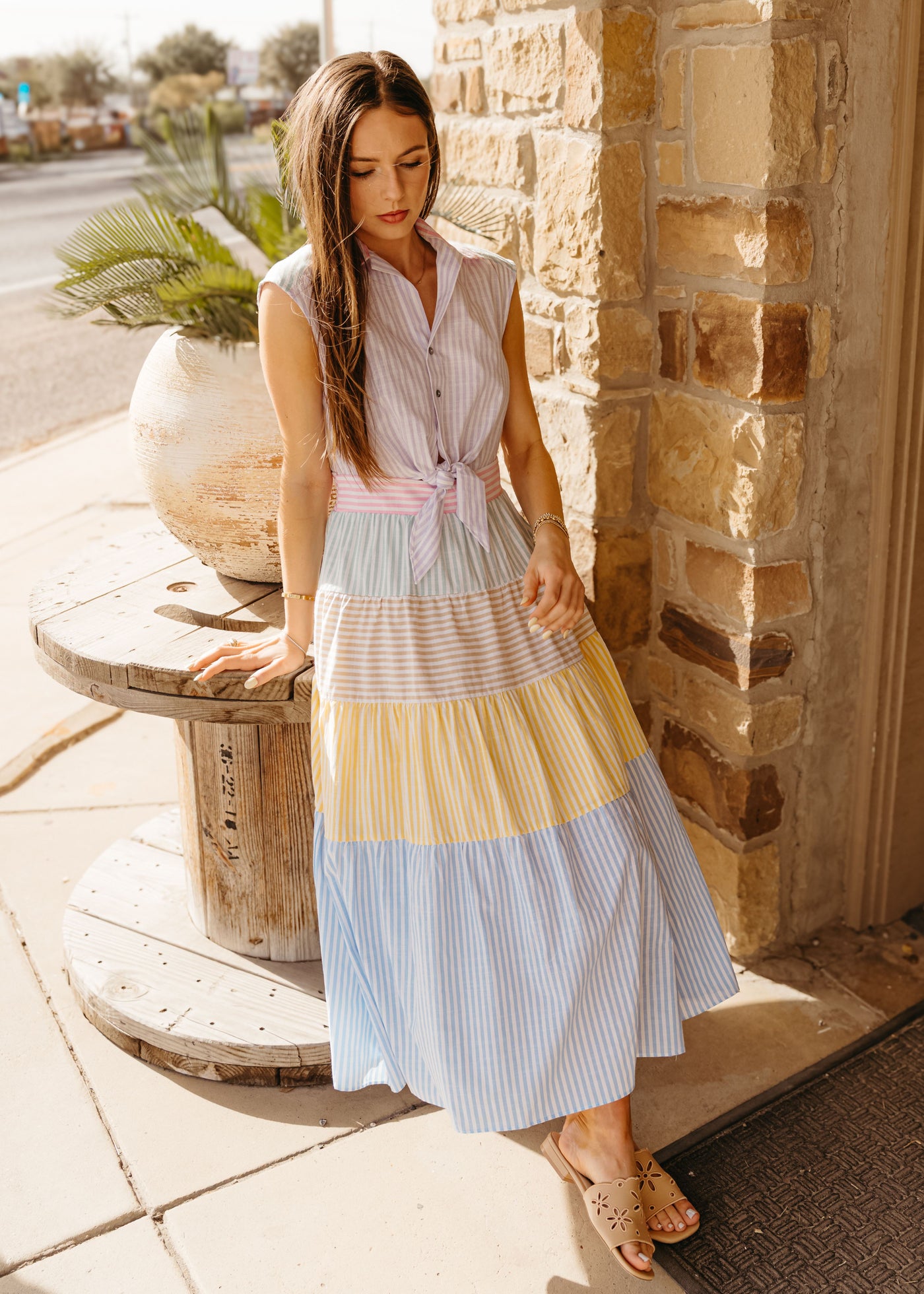 Multi Striped Tiered Midi Dress D25726