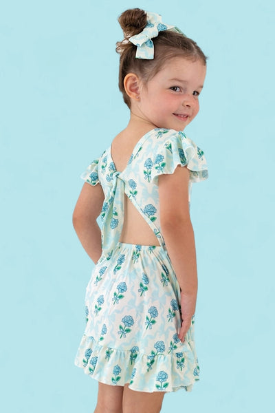 Girls Blue Ribbon Blooms Dream Tie Back Ruffle Dress