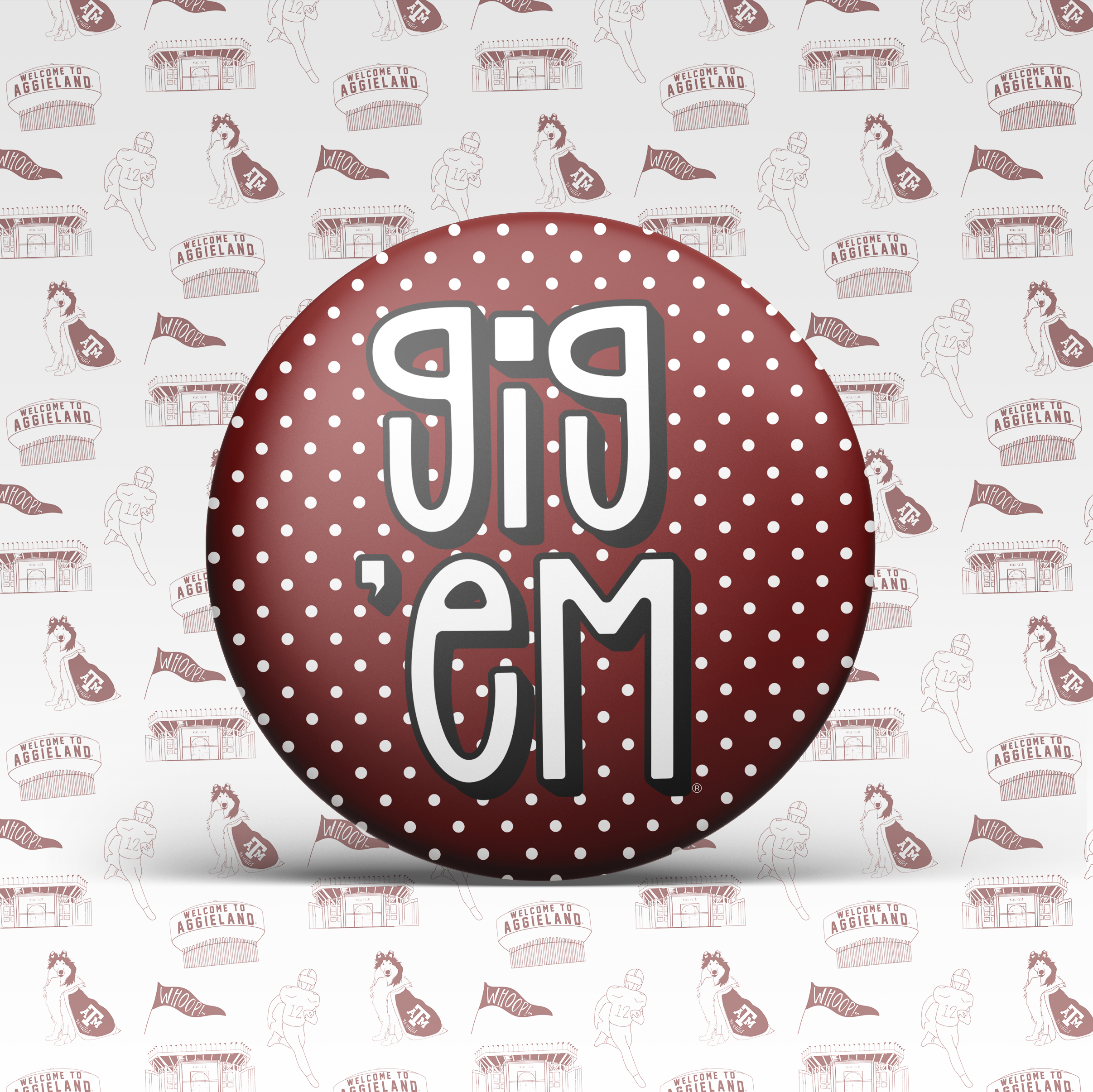 Maroon With Pink Polka Dots Gig 'Em Button 2038