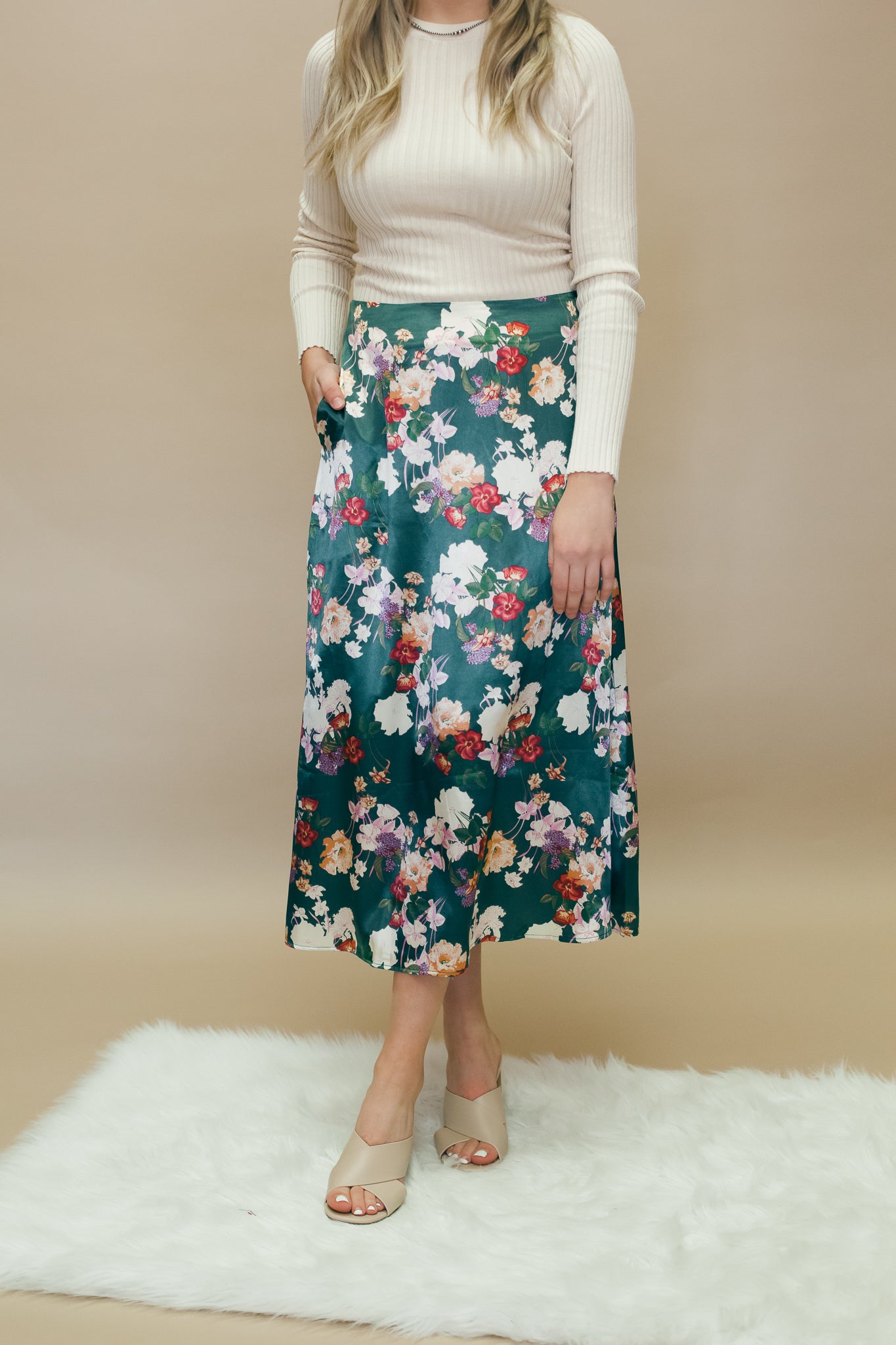 Teal Floral Satin Midi Skirt