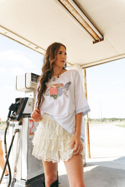 America Lace Detail Oversized T-Shirt IKT39818-03