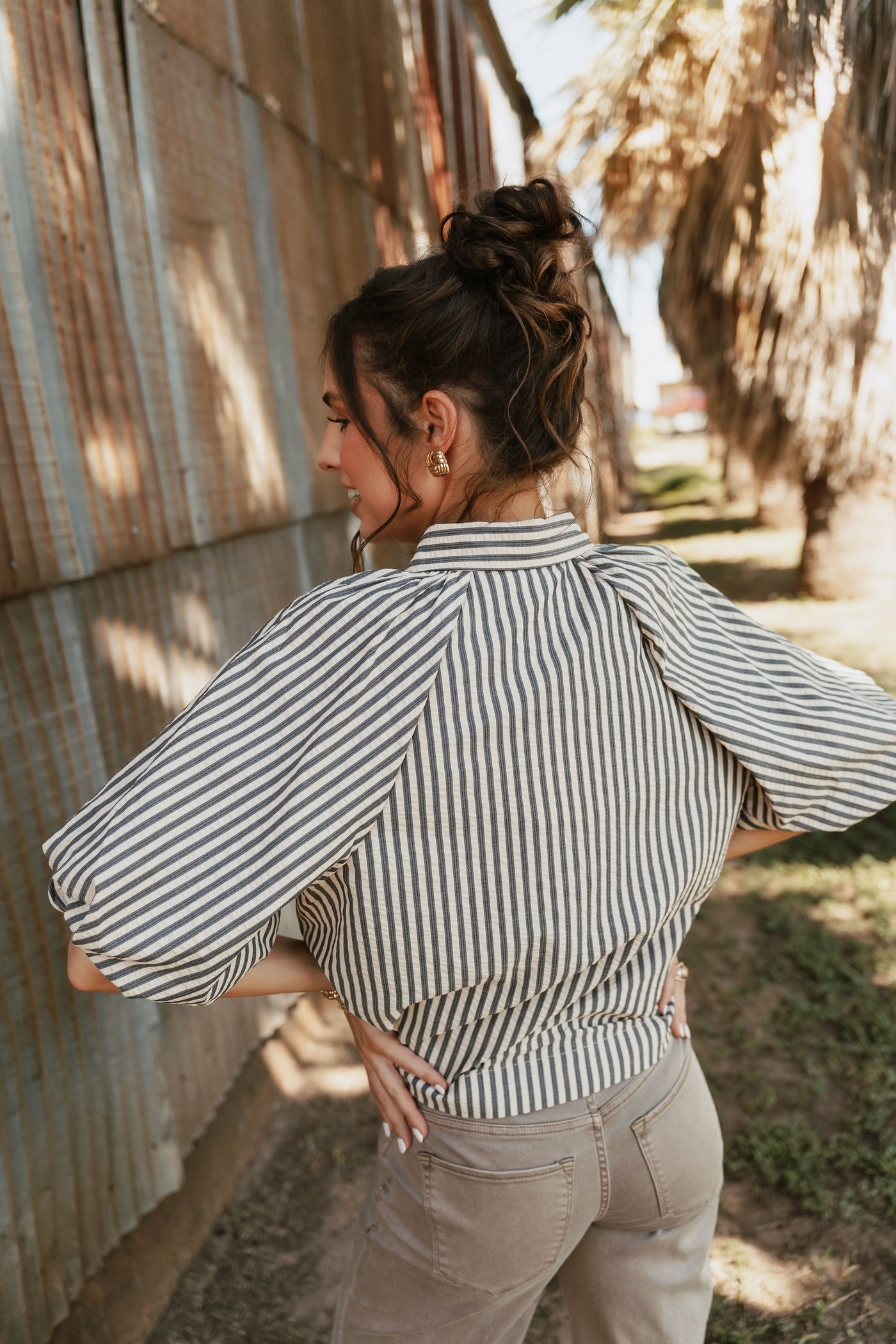 Black Striped Bubble Sleeve Button Down Top MTP3329