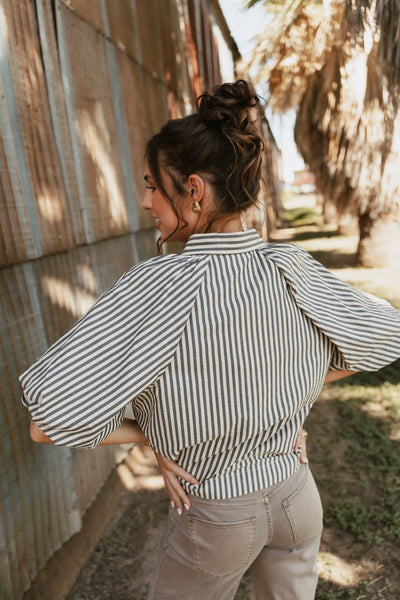Black Striped Bubble Sleeve Button Down Top MTP3329