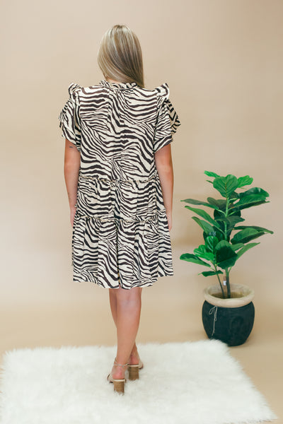 Chocolate Zebra Ruffle Sleeve Dress