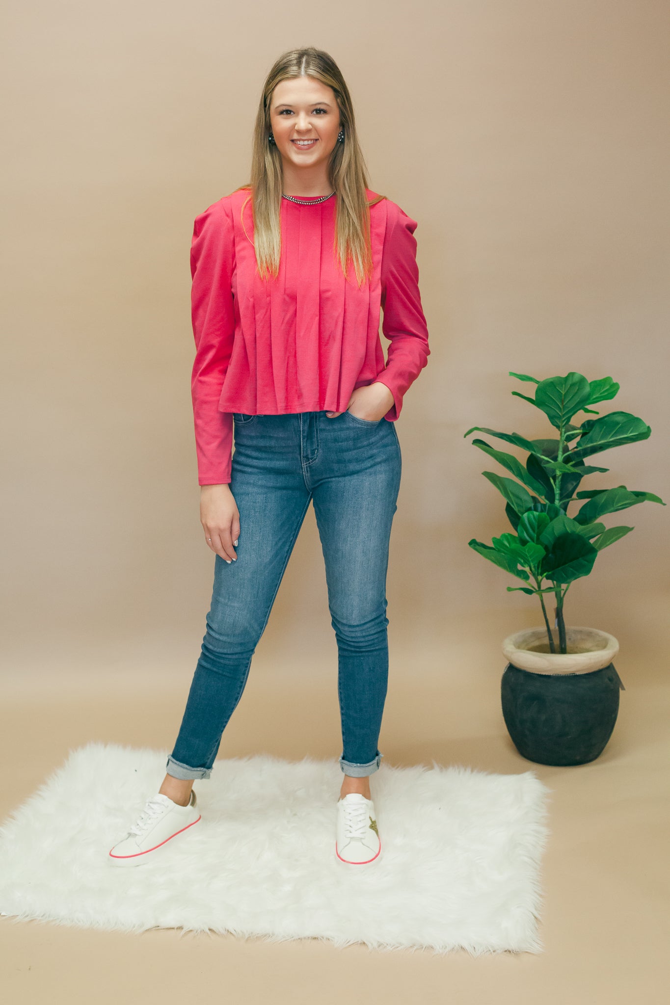 Magenta Pleated Long Sleeve Knit Top