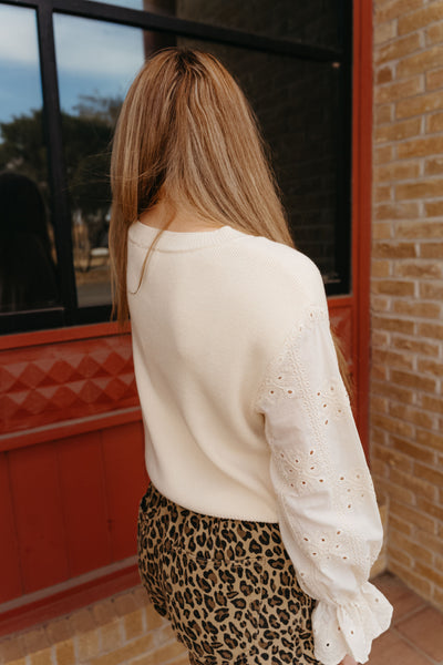 Natural Eyelet Ruffle Sleeve Knit Sweater T25470