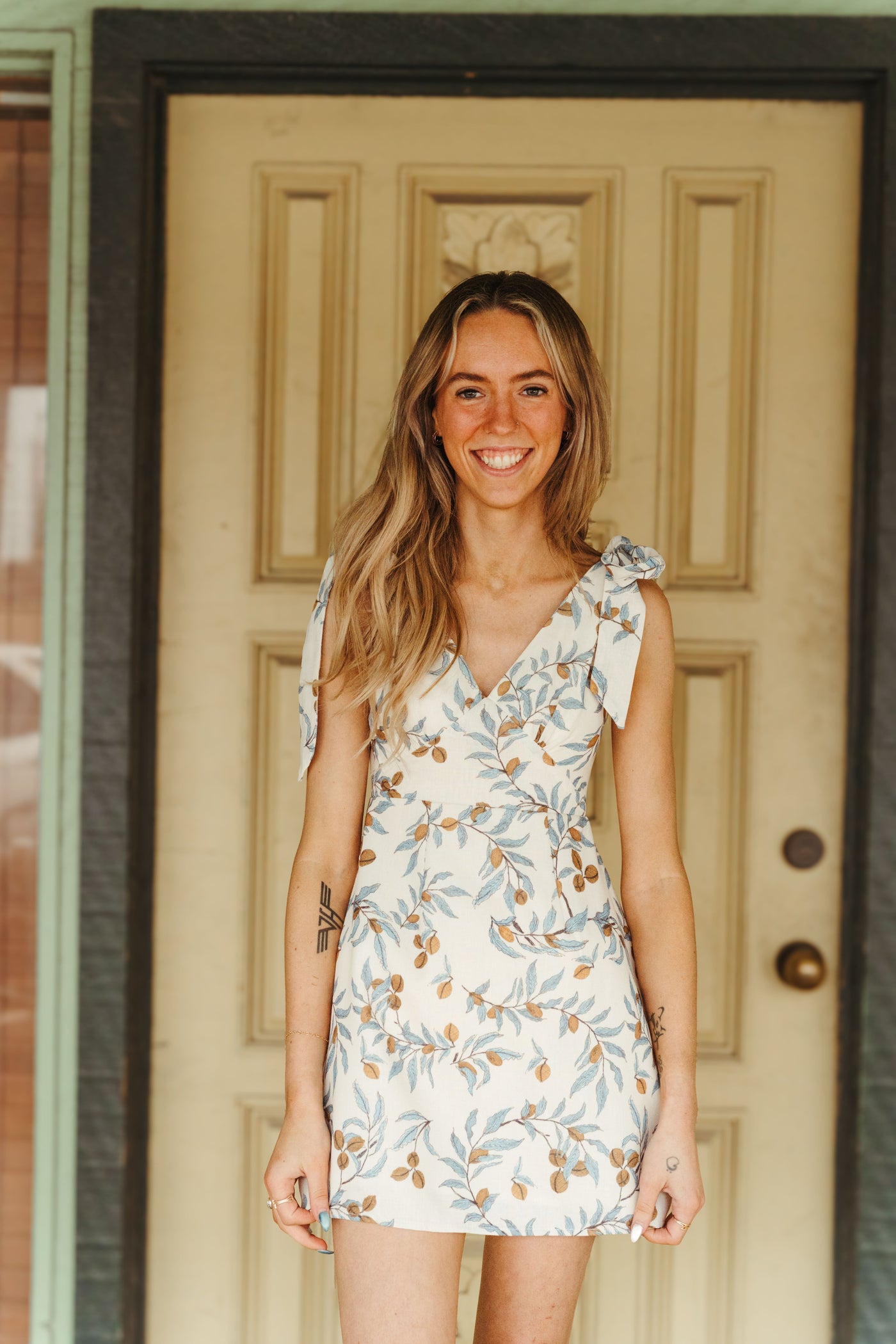 Beige Tied Shoulder Strap Embroidered Mini Dress ST5168D