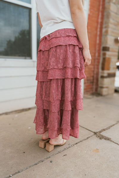 Dusty Rose Lace Tiered Maxi Skirt LSK0253-DRS