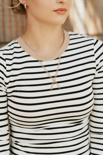 White/Black Stripe V-Stitch Detail Long Sleeve Top IKT801032-01