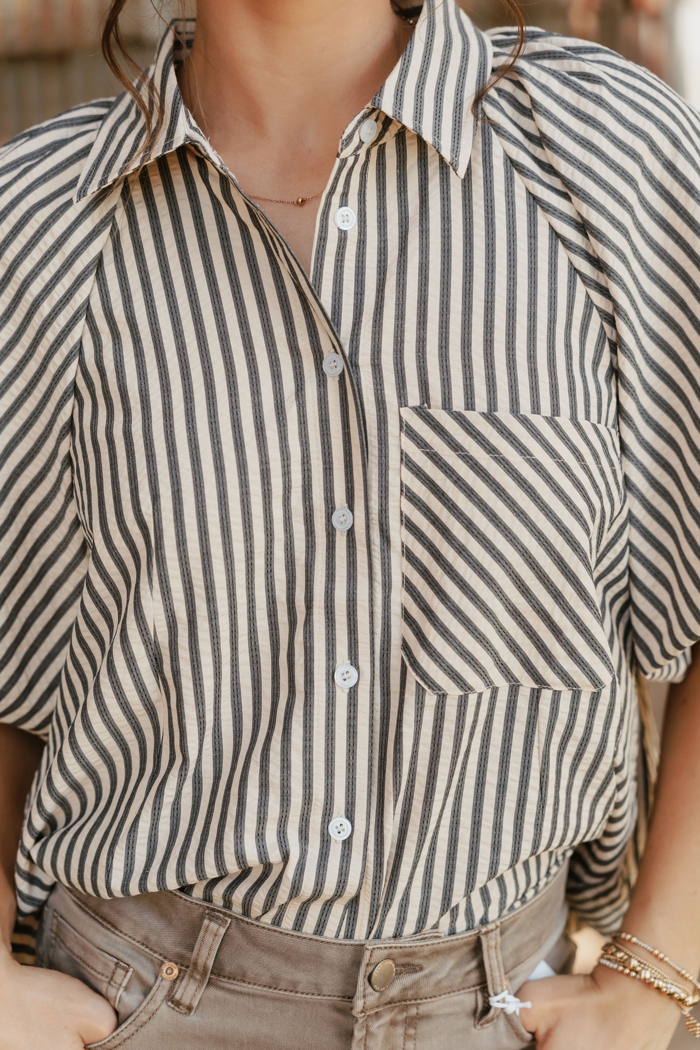 Black Striped Bubble Sleeve Button Down Top MTP3329