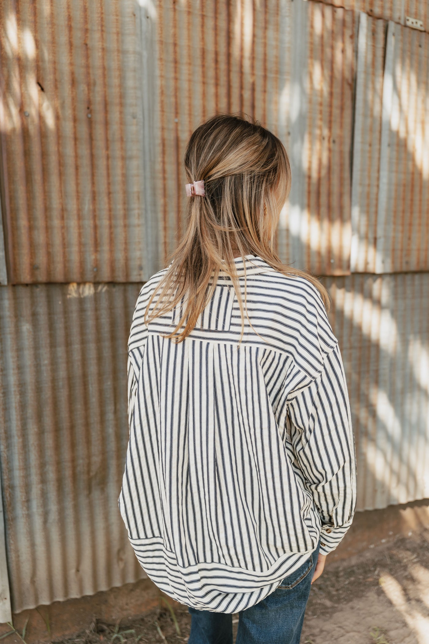Navy Striped Long Sleeve Button Down Shirt T27667