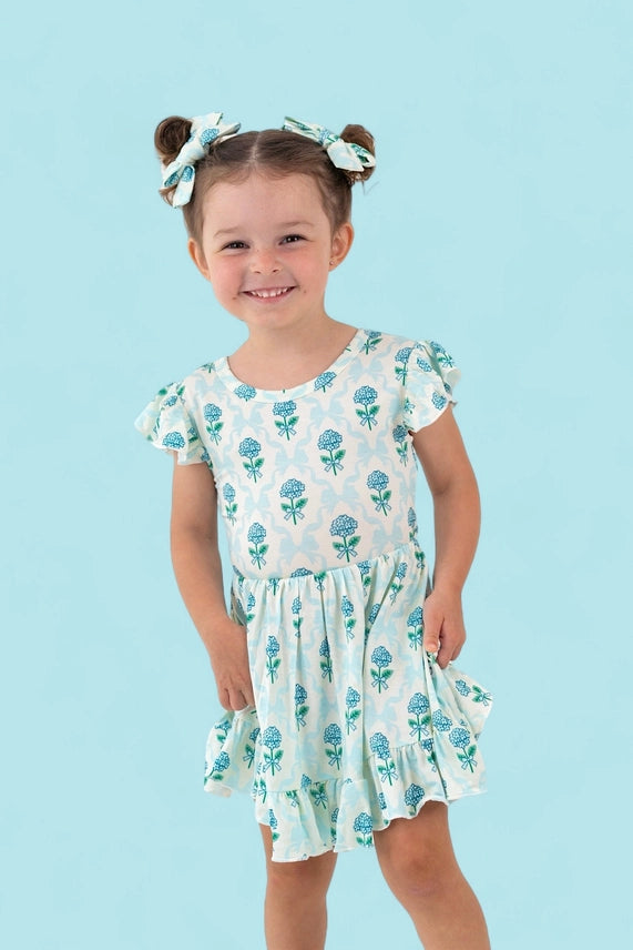 Girls Blue Ribbon Blooms Dream Tie Back Ruffle Dress