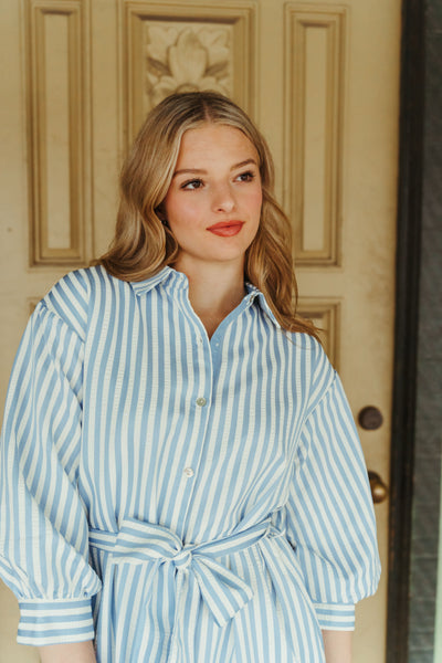 Light Blue Stripe Mini Shirt Dress D26541
