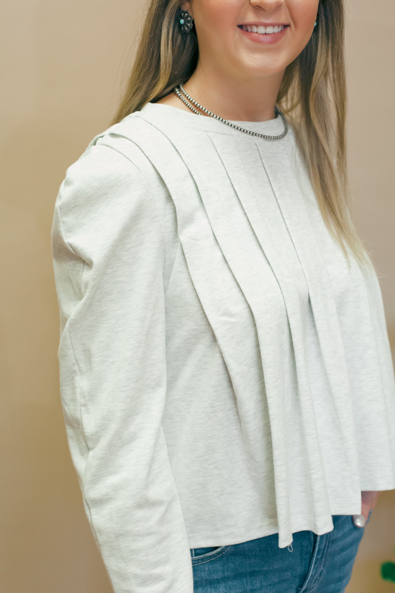 Heather Grey Pleated Long Sleeve Knit Top