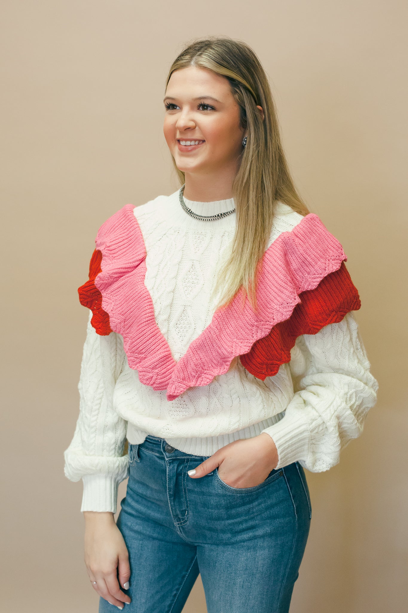 Cream Pink & Red Knit Sweater